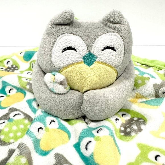 Carter’s Plush Grey Owl Green Blue Yellow Pattern Lovey Security Blanket - Picture 2 of 5